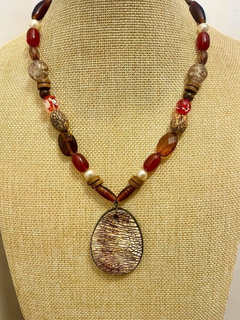 Vintage Red & Orange Beaded Pendant Necklace